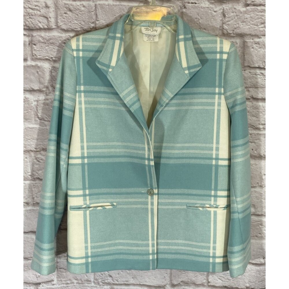 TanJay Vintage Wool Blend Plaid Blazer 10 Pastel Blue Ivory Pockets Suit Jacket‎